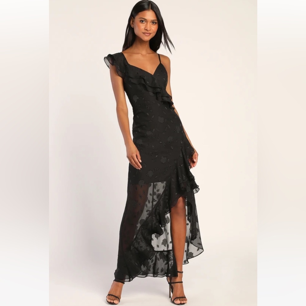 Black Floral Jacquard Ruffle Dress Lulu’s XS